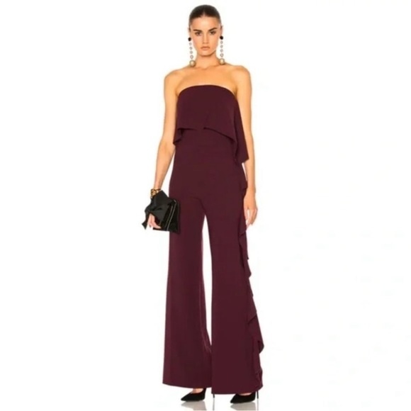 Alexis Kendall Ruffle Strapless Jumpsuit Wide Leg Plum Burgundy Women’s Size M